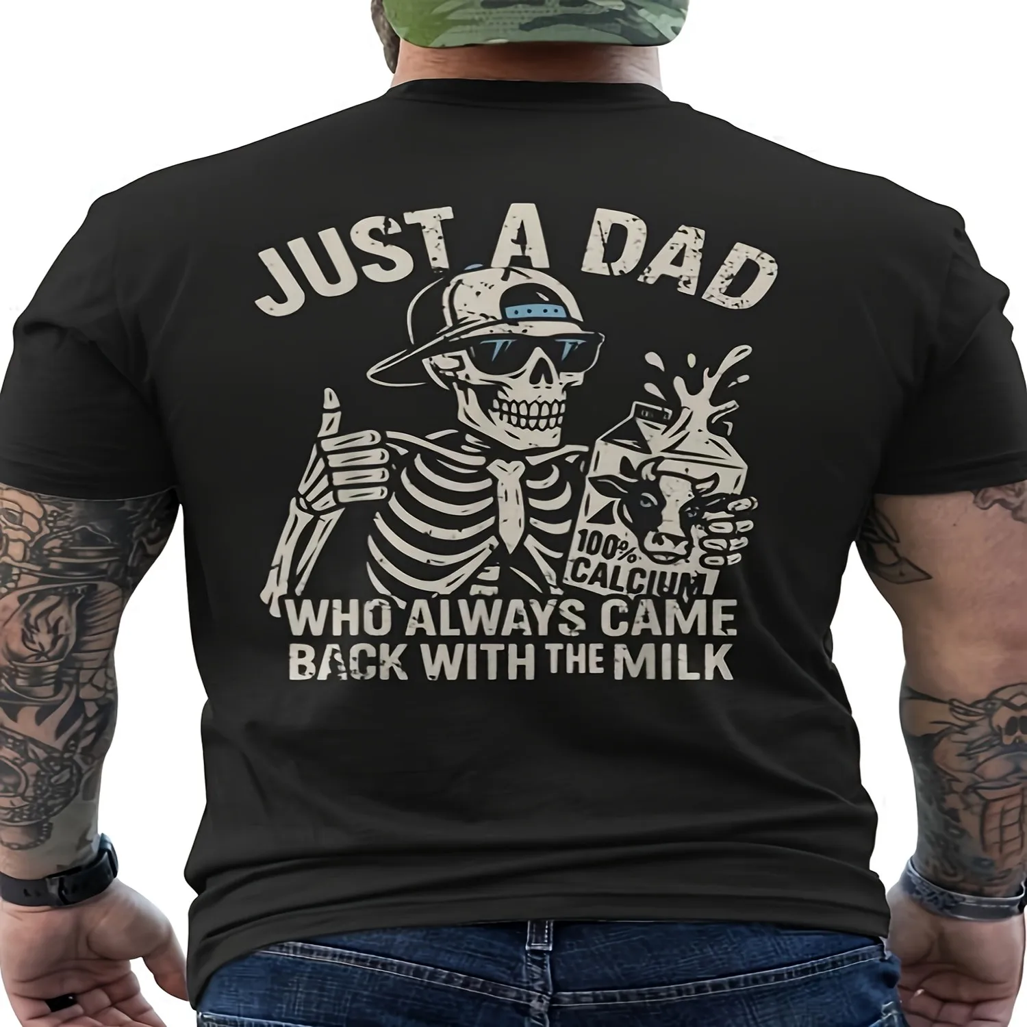 Mazezy Men'S Funny Dad Just a Dad Who Always Came Back with The Milk Slogan Calcium Skeleton Back Print Black Casual Round Neck Tee for Gym Halloween Costumes Birthday Gifts for Retro Casual Crew gift for men, everyday wear tee