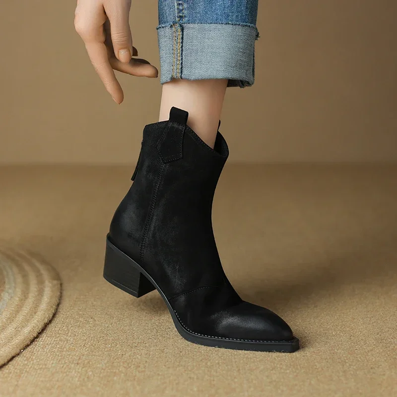 Fashion Short Boots Autumn Winter Basic Women Ankle Boots Genuine Leather Thick Heels Pointed Toe Mature New Arrival Boots Women