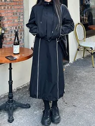 Vintage Black Hooded Jacket and Skirt Tracksuit Women Y2k Long Sleeve Sport Corpcore Coat Top Loose Spring Summer Clothes Set