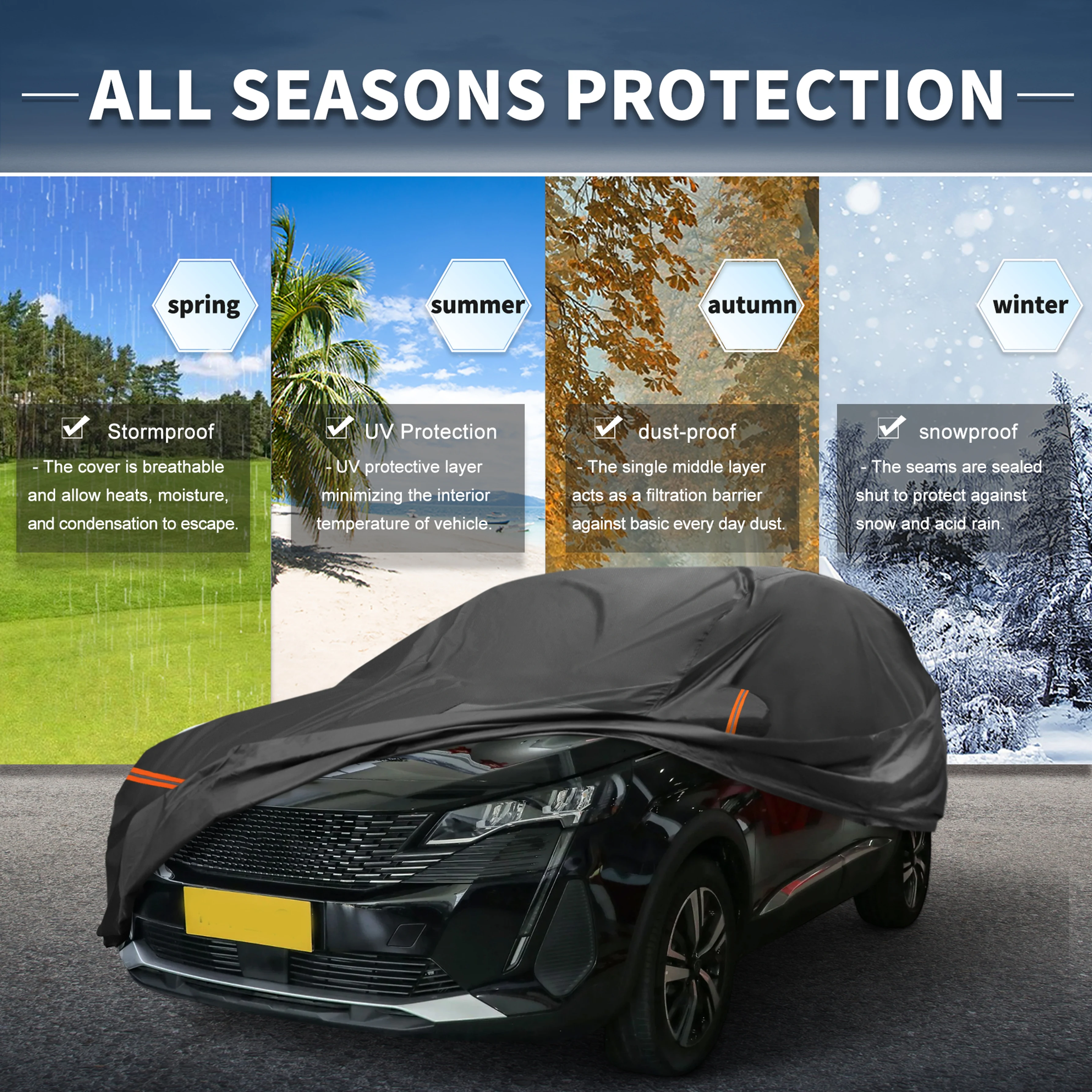 

Водонепроницаемый хлопковый автомобильный чехол Motoforti PEVA Spunlace для Peugeot 5008 2017-2023 с застежкой-молнией