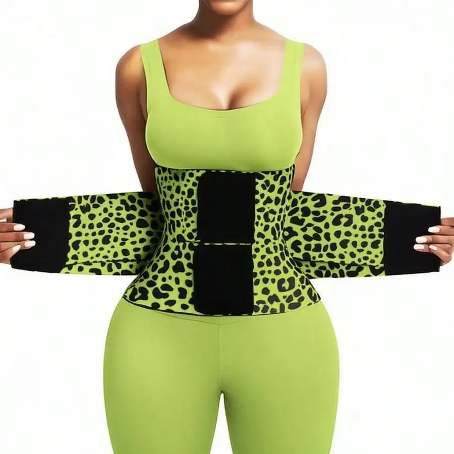 

Пояс-корсет для коррекции фигуры с леопардовым принтом в цвете лайм-грин, тройной обхват для контроля живота