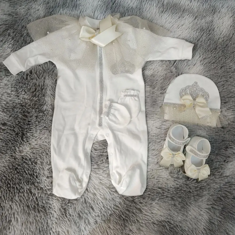 Exquisite Baby Girl 4Pcs Ivory Champagne Crown Tulle Bow Footed Onesie Set Newborn Baptism Christening Outfit Hat Shoes