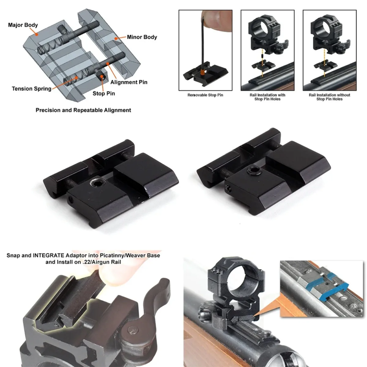 Baixo Perfil Conversor para Dovetail Weaver, Anel Adaptador de Montagem, Picatinny Rail, Caça Acessório, 11mm a 20mm, 22mm