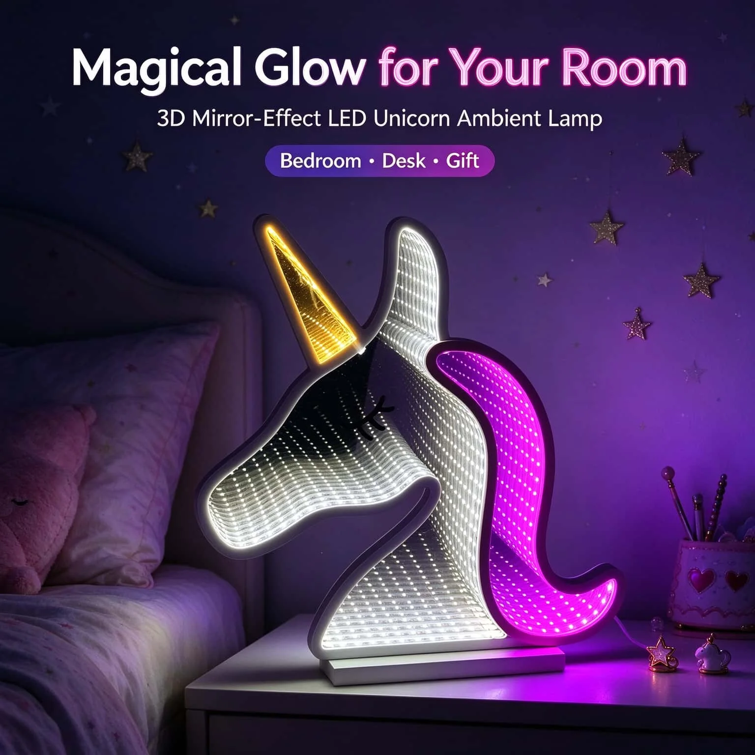3D Unicorn Mirror Lamp Infinity Tunnel LED Night Light Dimmer Control Indoor Lighting Table Lamp