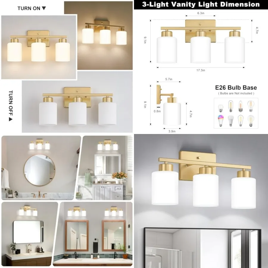 

Bathroom Light Fixtures, Modern Vanity Light Over Mirror, Wall Sconces with Milky White Frosted Glass Shades, E26 Socket Bulbs