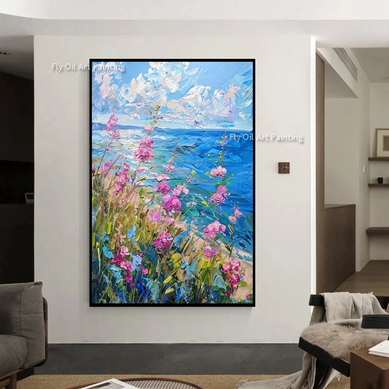 Large 100% Hand‑Painted Coastal Floral Oil Painting, Colorful Wildflower Palette Knife Impasto Vertical Canvas Wall Art