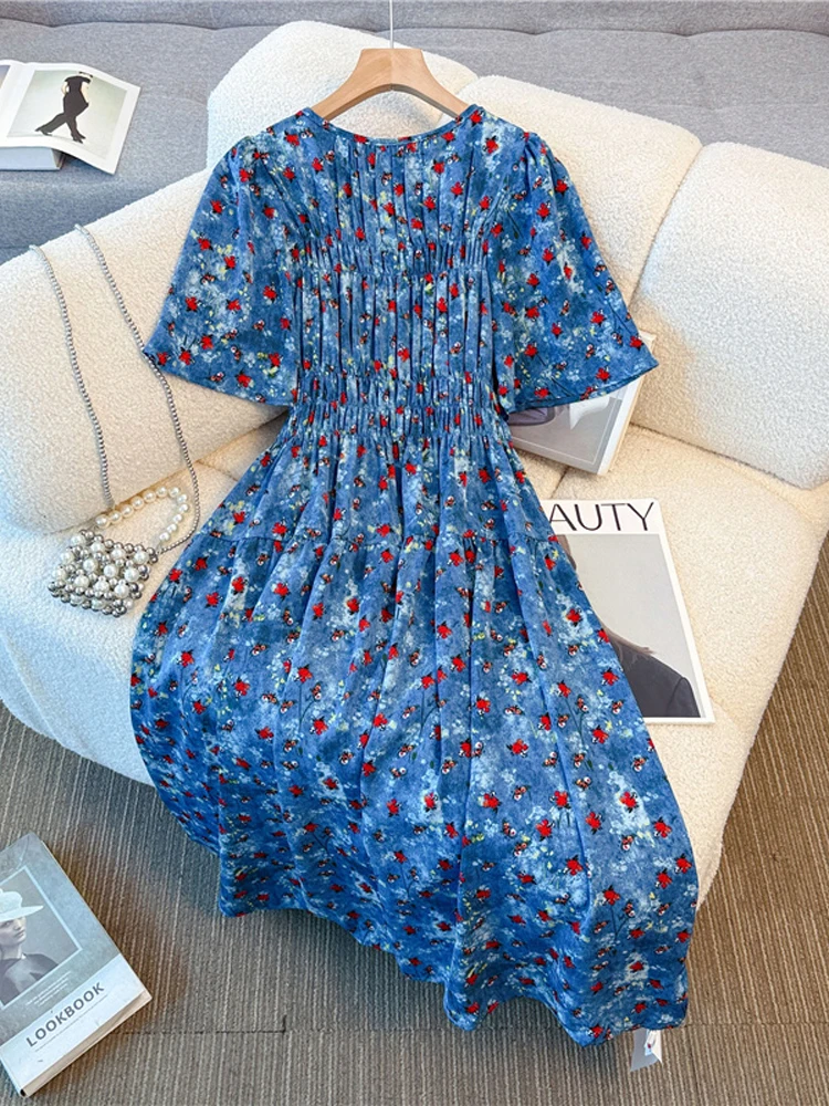 NYFS 2025 Sommer Neue Koreanische Blau blumen Frau Kleider Vestidos Robe Elbise Lose Plus Größe Kurzarm Hohe taille Langes Kleid