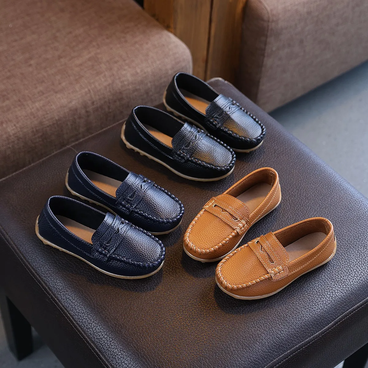 Autumn Kids Loafers Boys Slip‑on Leather Shoes Classic Moccasins Soft Flat Casual Shoes For Toddler Classic Children Footwear