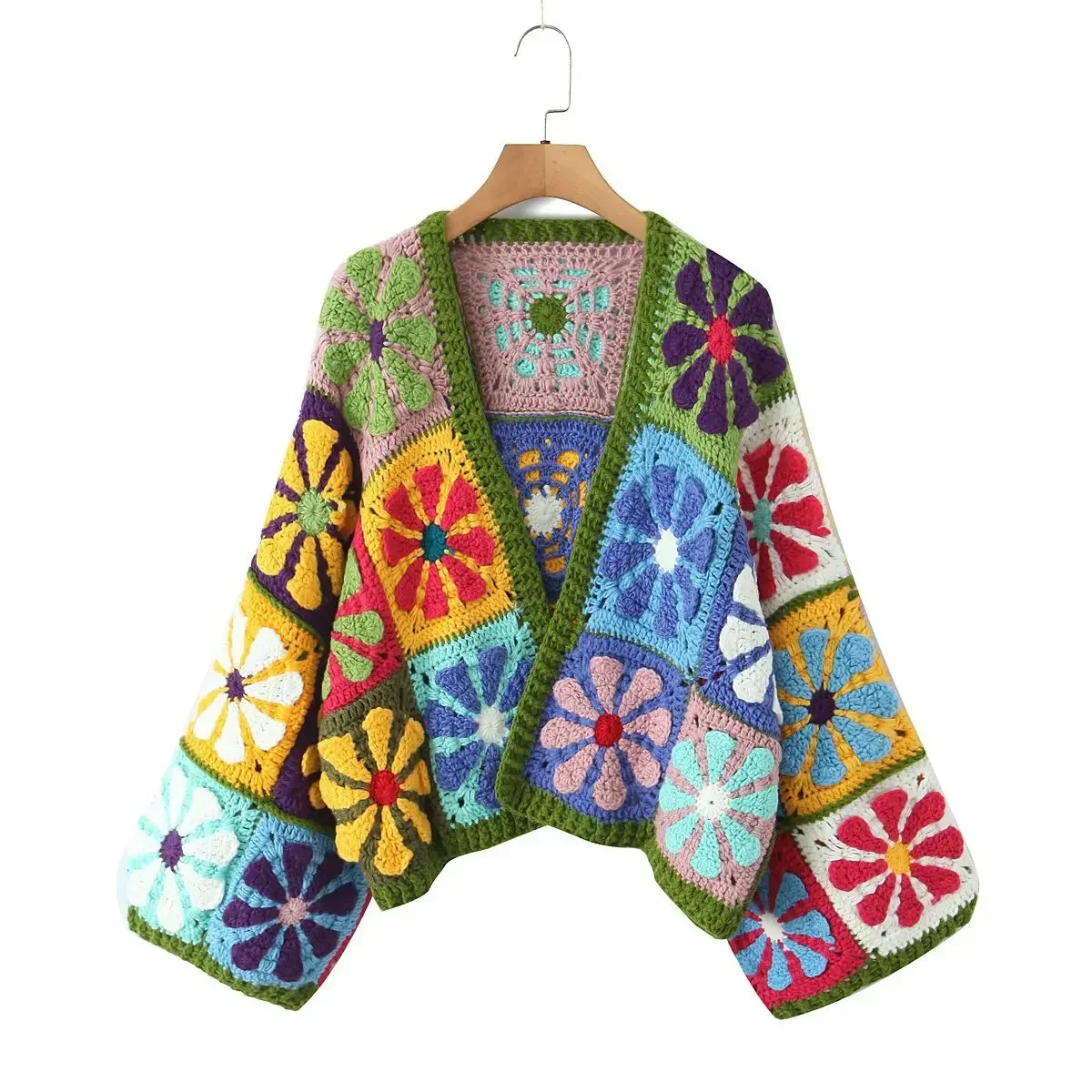 Nuovo cardigan lavorato a maglia all'uncinetto con fiori fatti a mano nazionali del 2025 Giacca maglione con giunture allentate retrò a maniche lunghe autunnali da donna