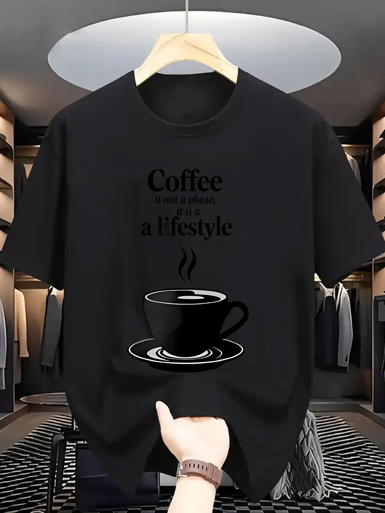 Coffee Lover Men Short Sleeve Tshirt Coffee Cup Lifestyle Quote Print O Neck Tee Simple Black Graphic Male Casual Fashion Tops