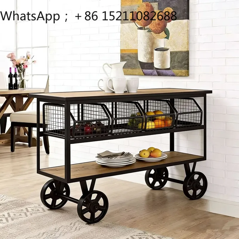 SCY wrought iron solid wood retro dining car with wheels push plate collection car hotel wine cart dining side cabinet