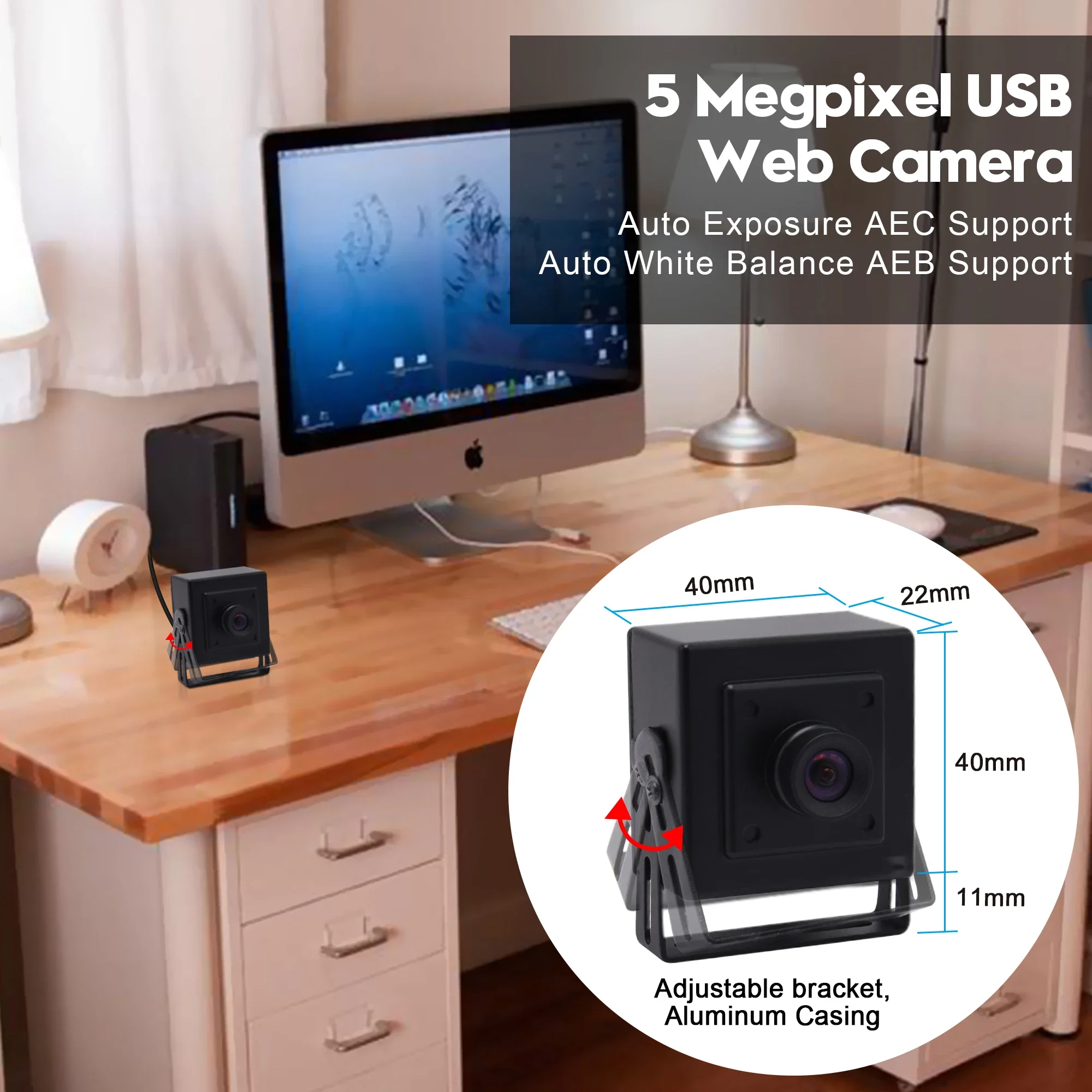 Fotocamera USB grandangolare da 5 MP CMOS MI5100 Webcam USB di sicurezza con obiettivo M12 senza distorsione per streaming live, scansione