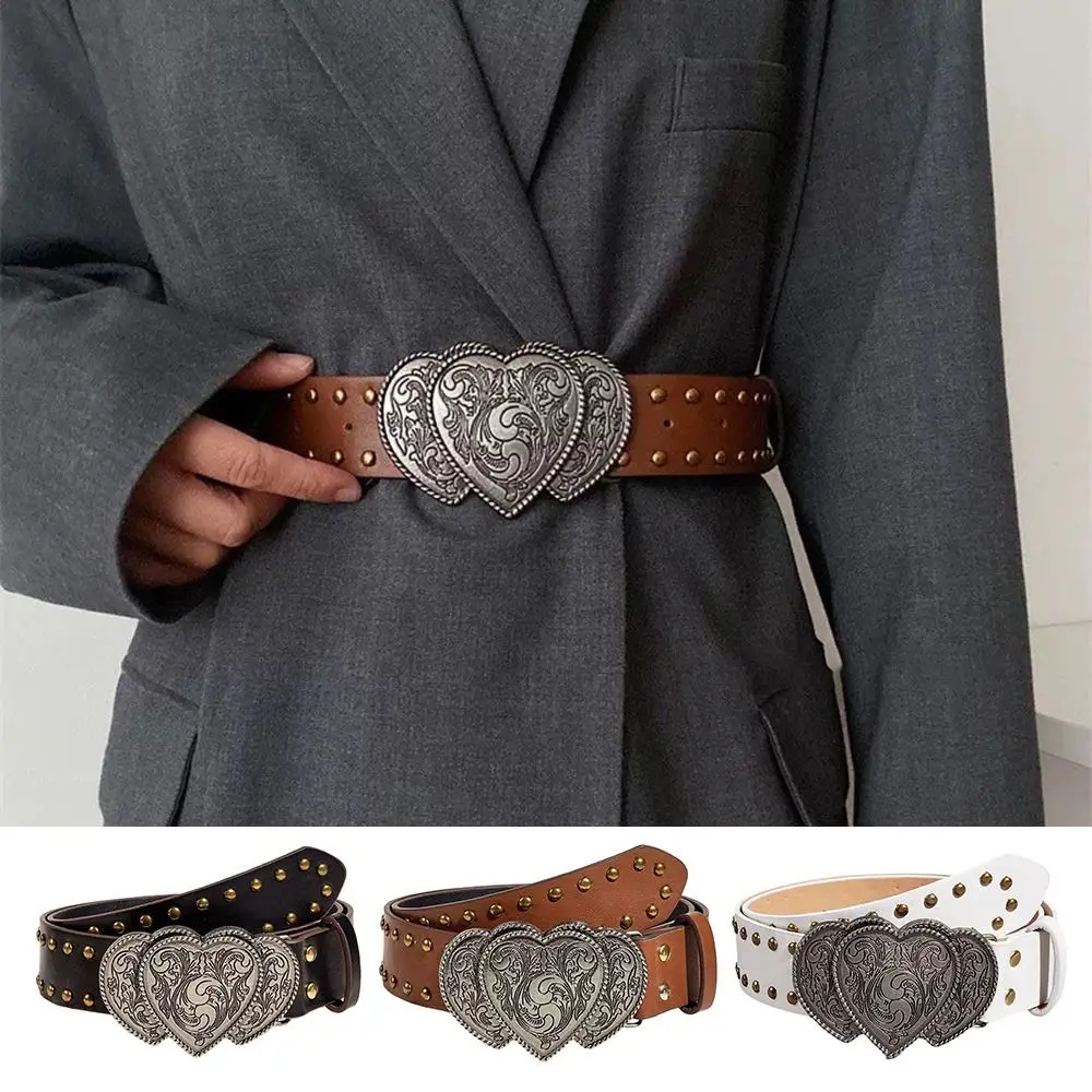 Heart Solid Gothic Punk Rivet Belts PU Leather Wide Jeans Pants Decorative Waistband Vintage Y2k