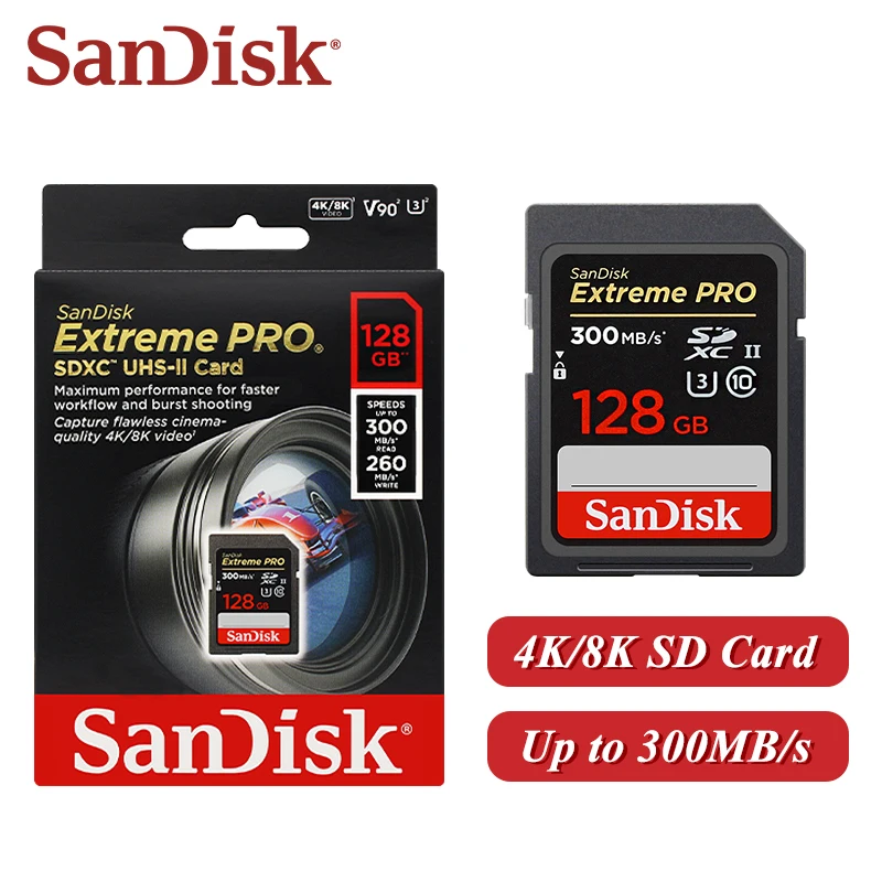 Профессиональная SD-карта SanDisk V90 для камеры U3 C10 SDXC UHS-II Карта памяти 64 ГБ 128 ГБ Макс. 300 Мбит/с 8K 4K Ultra Карта видеозахвата Профессиональная SD-карта SanDisk V90 для камеры U3 C10 SDXC UHS-II Карта памяти 64 ГБ 128 ГБ Макс. 300 Мбит/с 8K 4K Ultra Карта видеозахвата
