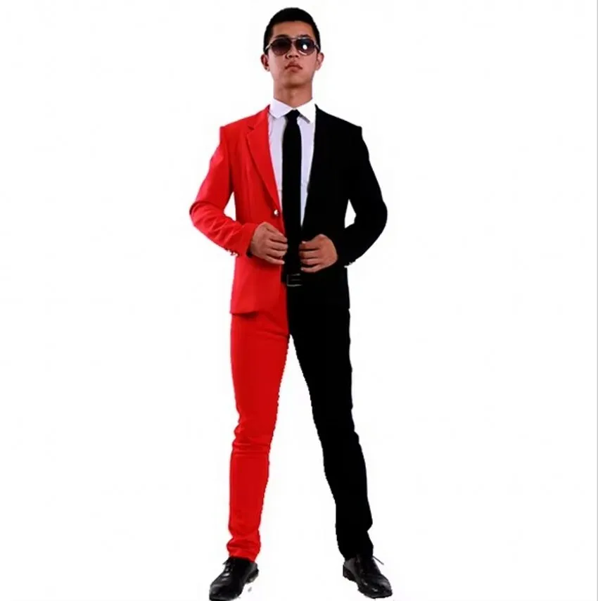 New 2025 Men's Slim Dj Black Red Asymmetric Mosaic Tide Male Singer Suit Coats Costumes Mens Blazer Fashion Plus Size Suits