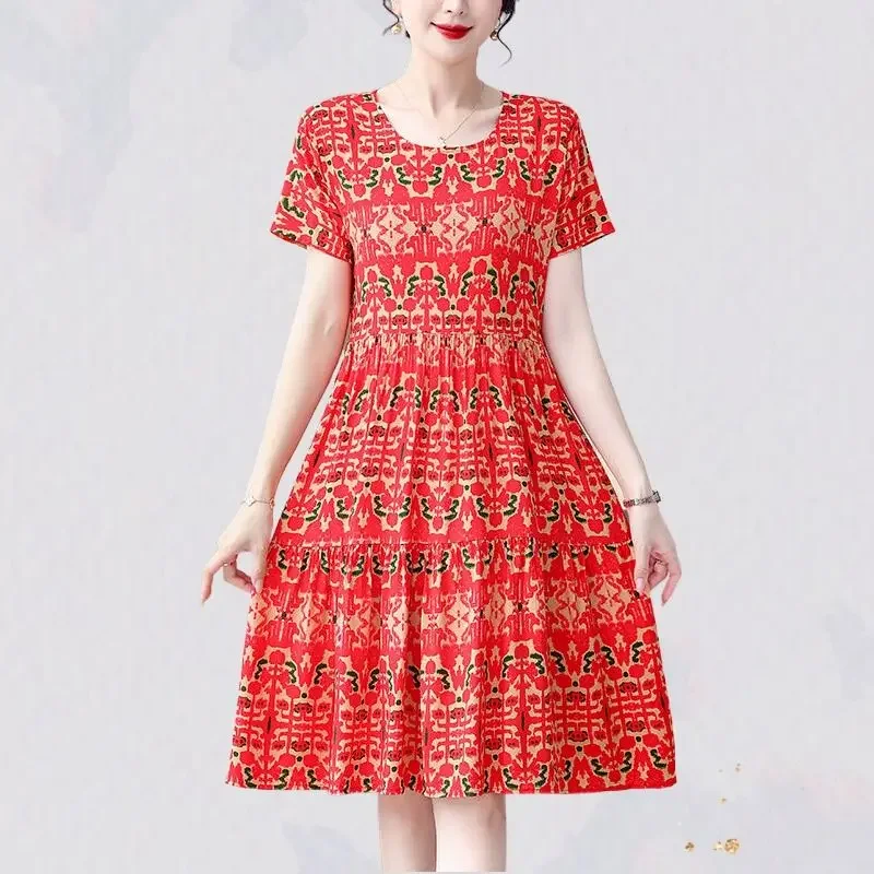 Floral Boho Beach Dresses for Women Flower Midi Short Sleeve Woman Dress Kpop Elegant Chic Pretty Elastic Vintage Clothing Party