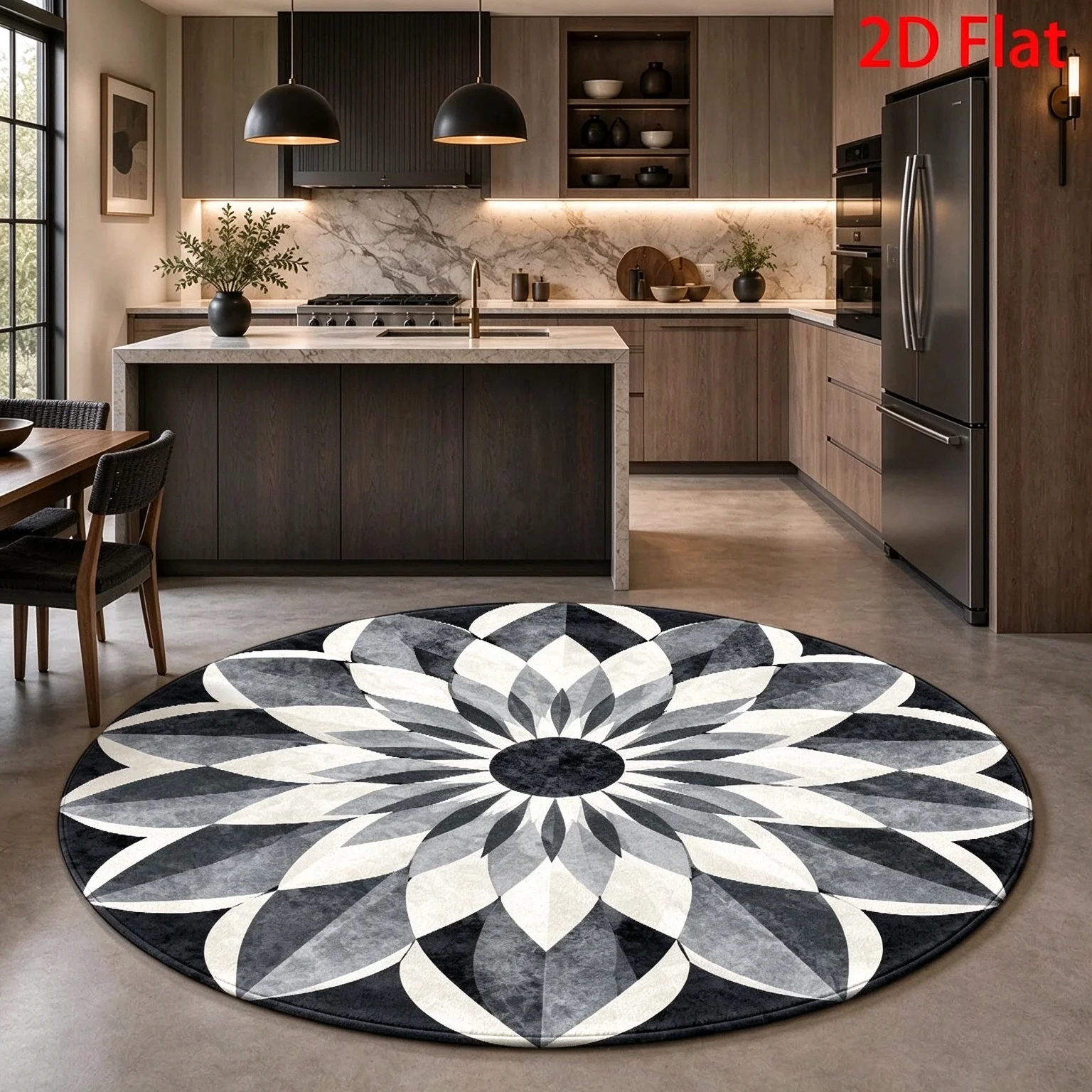 2D Flat, Round Rugs, Monochrome Floral Mandala Round Rug, Geometric Symmetrical Design, Modern Minimalist Style, Versatile Decorative Floor Mat, Durable, Easy to Clean