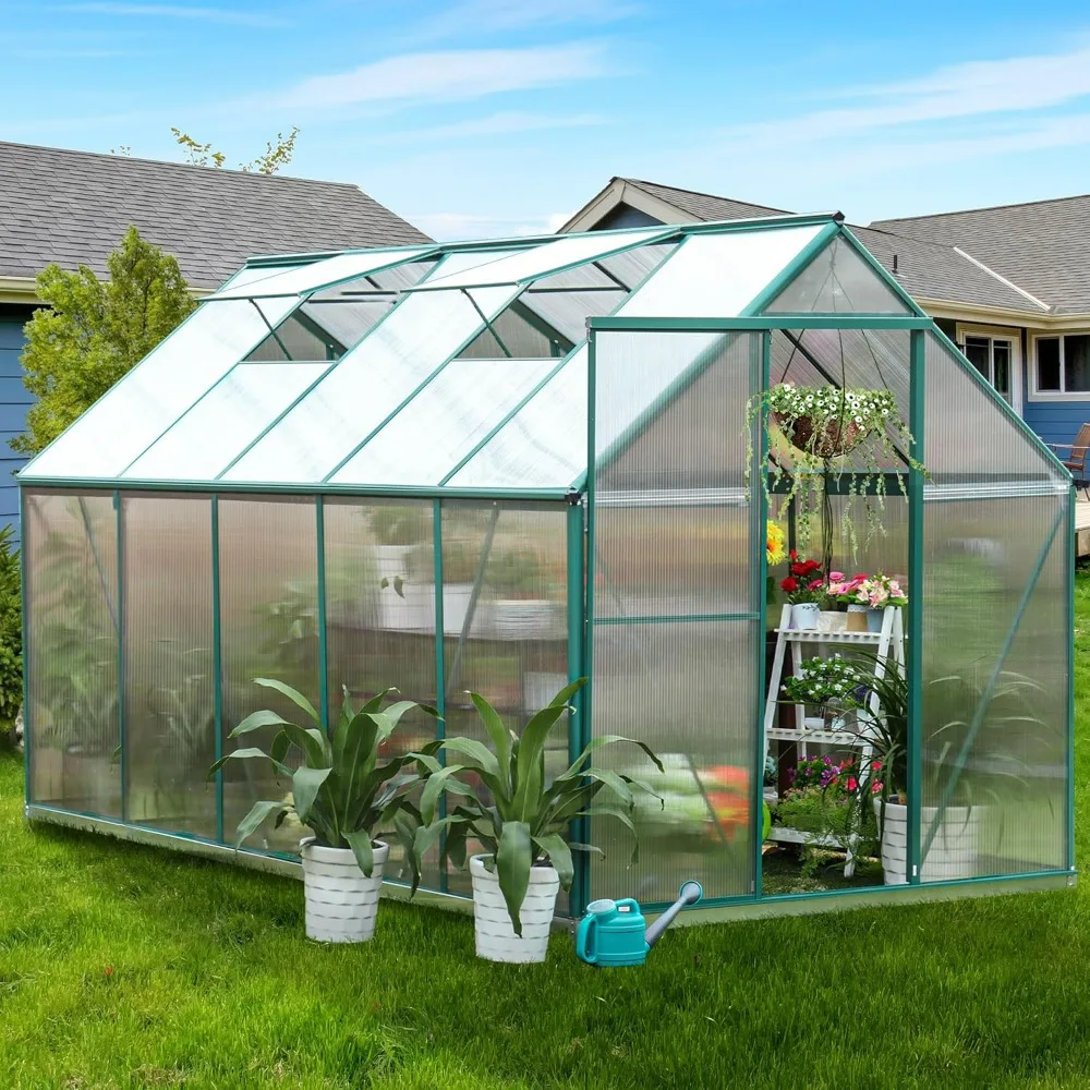 6.2x10.2 FEET Polycarbonate Greenhouse, 2 Vent Window Lockable Door Walk-in Hobby Greenhouses Aluminum Hot House, Greenhouses