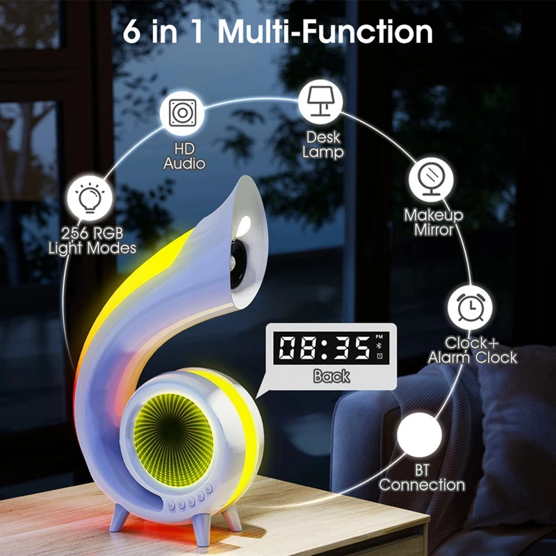 At14 mini concha atmosfera sem fio lâmpada toque para ajustar a iluminação rbg lâmpada de mesa sem fio bluetooth alto-falante despertador