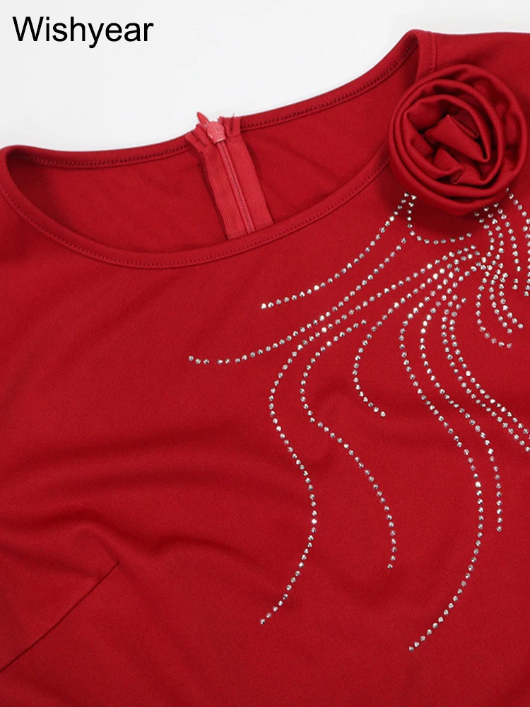 New Elegant Red 3/4 Sleeve O-neck A-line mid Dress for Women with 3D Flower African Rhinestones Office Lady Casual Autumn Robe