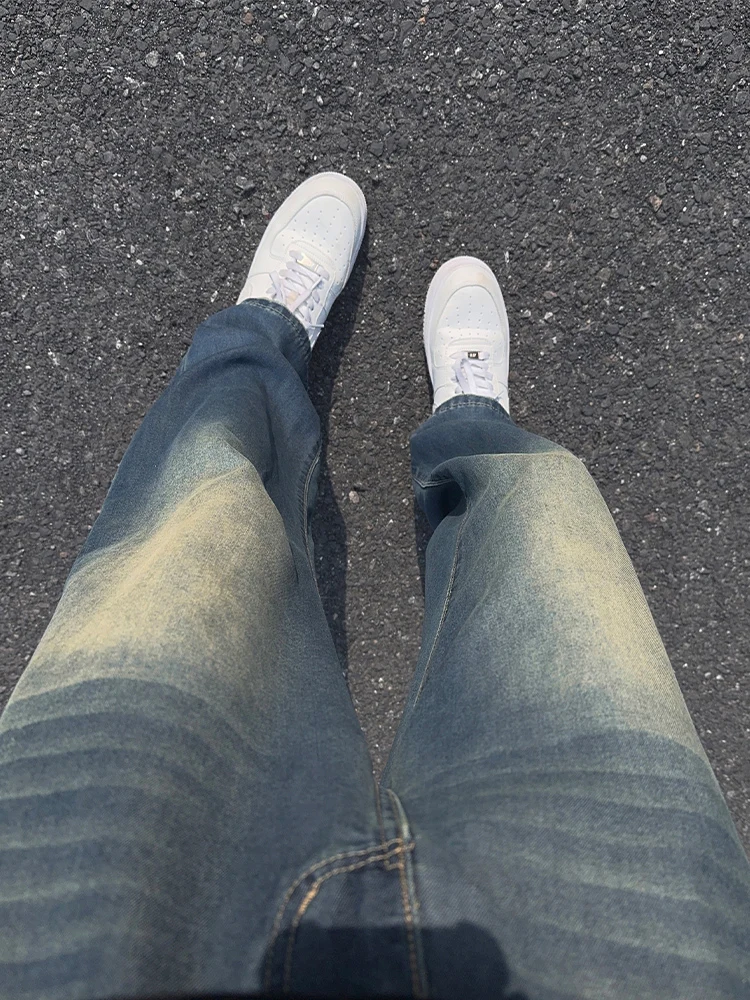 

Темно-синие мужские рваные прямые джинсы High Street Sle, осенняя мода, утягивающий эффект, джинсовая повседневная одежда Lenzing