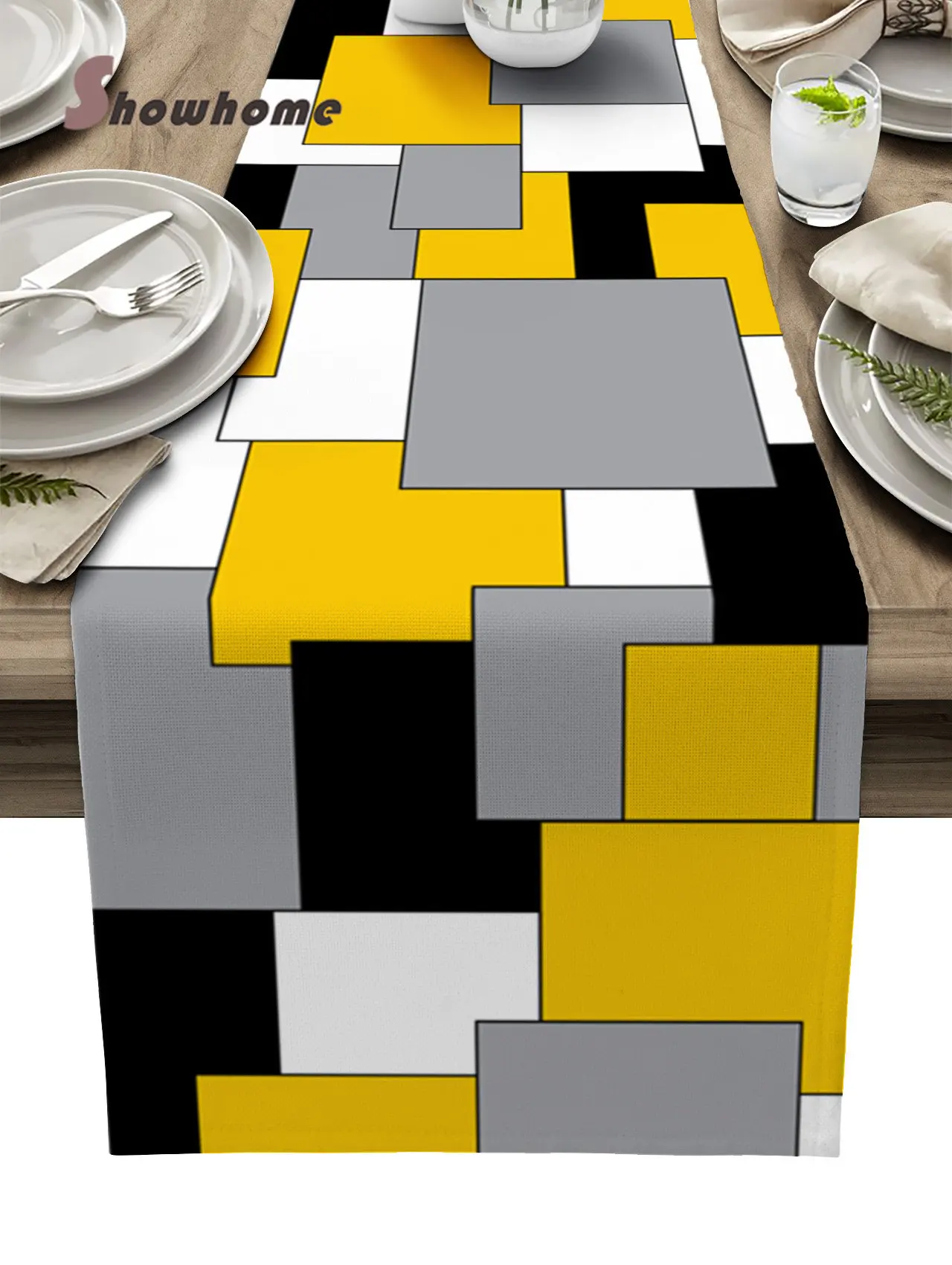 Yellow Mosaic Color Abstract Art Table Runner Luxury Wedding Decoration Table Cover Christmas Decoration Tablecloth