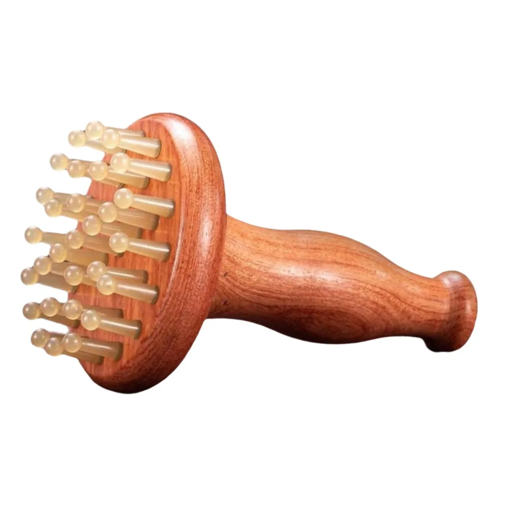 

Wood Grain Gua Sha Massage Tool 29 Teeth Cow Horn Meridian Massager Wooden Handle Comfortable Horn Massage Comb Head Massage