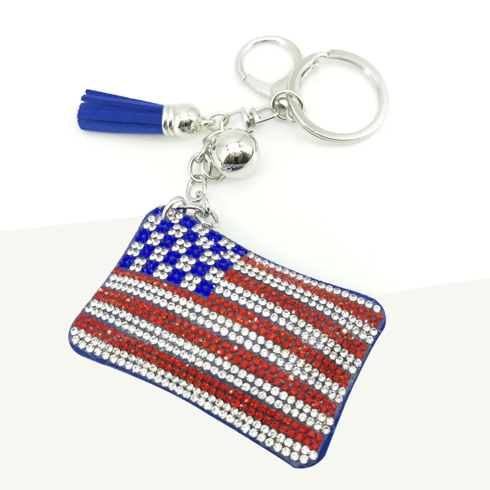 New American Flag with  Crystal Rhinestone Keyrings Key Chains Rings Holder Purse Bag For Car Lovely Keychains