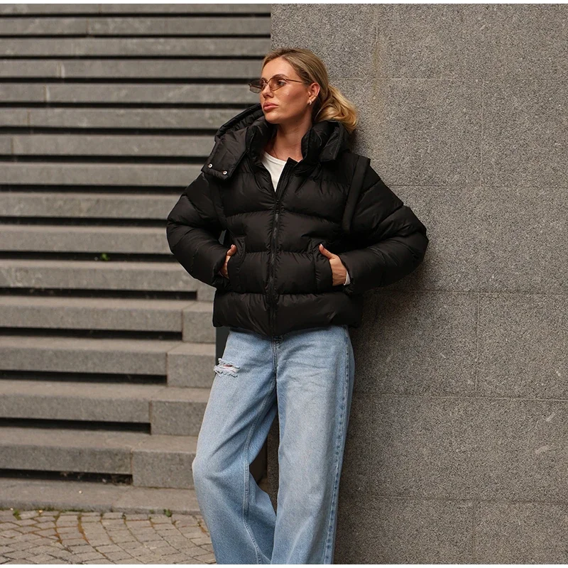 Damen-Wintermäntel, abnehmbare Weste mit langen Ärmeln, wattierte Jacken mit Kapuze, Street-Lady-Stil, Stehkragen, Reißverschluss, lockere Passform, neue Oberbekleidung. – Detail 9