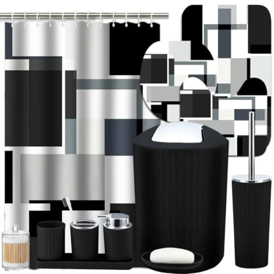 

Black Bathroom Set, 24 Piece Black Modern Bathroom Decor Set with with Shower Curtain and Rugs, Trash Can, Toilet Brush Holder