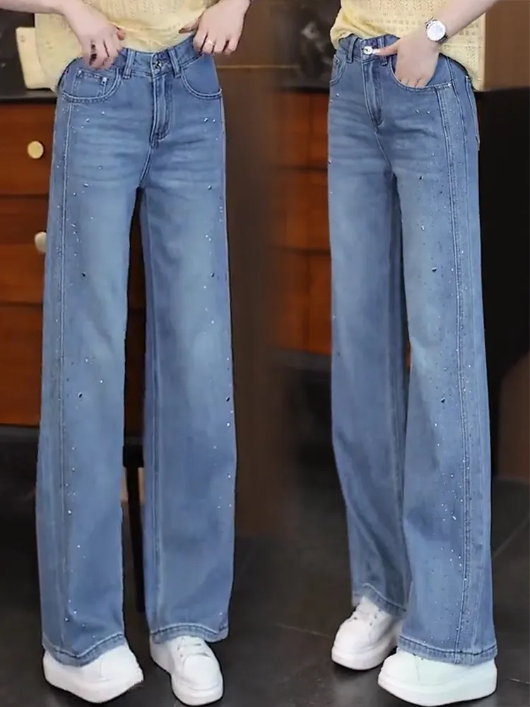 High Waist Wide Leg Jeans Women's Summer New Style Thin Heavy Drill Match Straight Cut Jeans Casual Wear Blue Denim Fabric