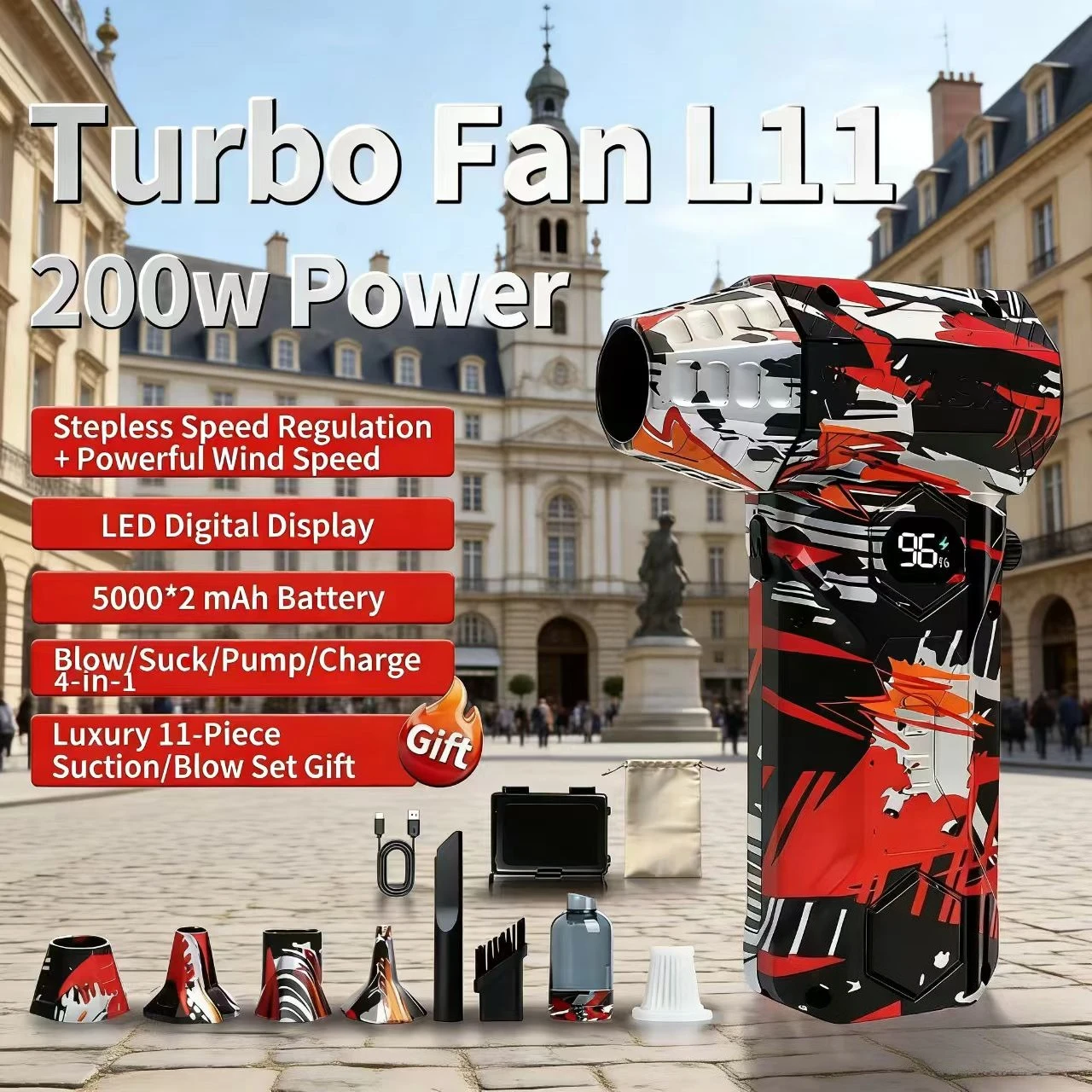 

L11 Мощный воздуходувка 450000 об/мин Бесщеточный жестокий вентилятор Пылесос Сильный ветер 53 м/с Турбоструйный вентилятор Type-C