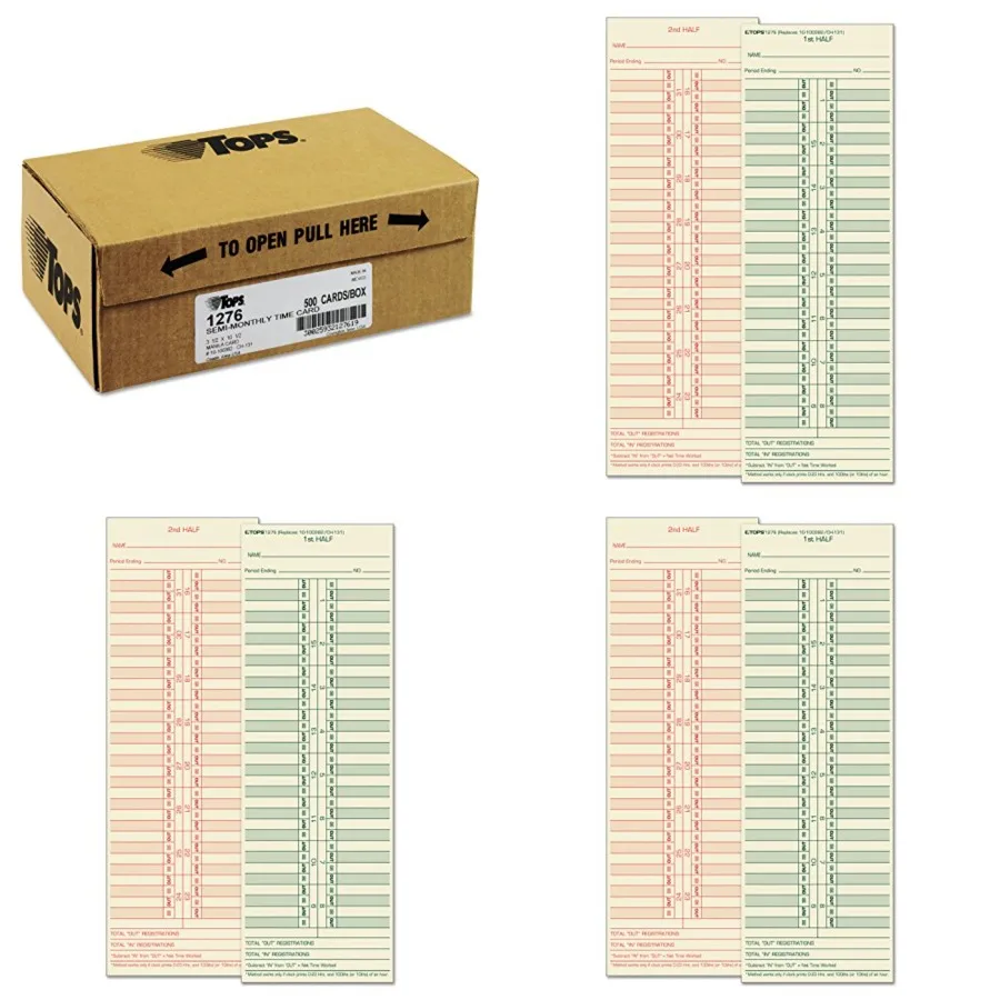 

Time Cards, Semi-Monthly, 2-Sided, 3-1/2" x 1-1/2", Manila, Green/Red Print, 5-Count 1276