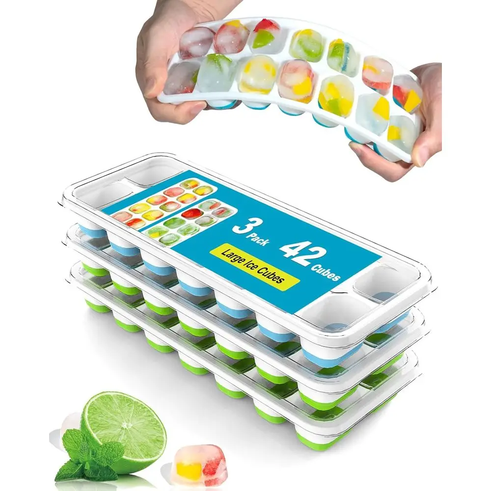 Flexible Silicone Ice Cube Trays with Lids, Stackable Molds for Easy Release, 1.2 Cubes, Color-Coded (2 Green, 1 Blue), BPA-Free