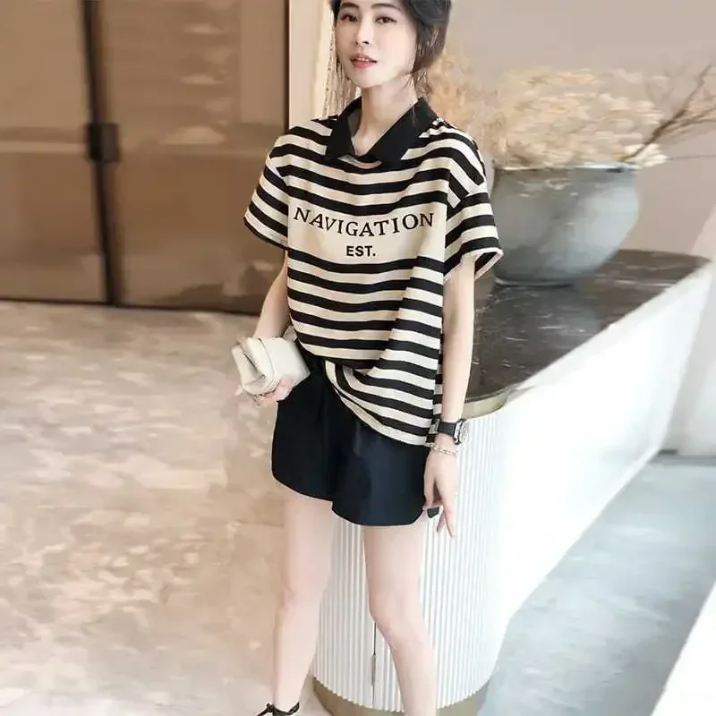 Top Clothes Black Polo Neck Shirt Short Sleeve Tee Striped Printing Women's T Shirts High Quality Aesthetic Cute Summer 2024 New