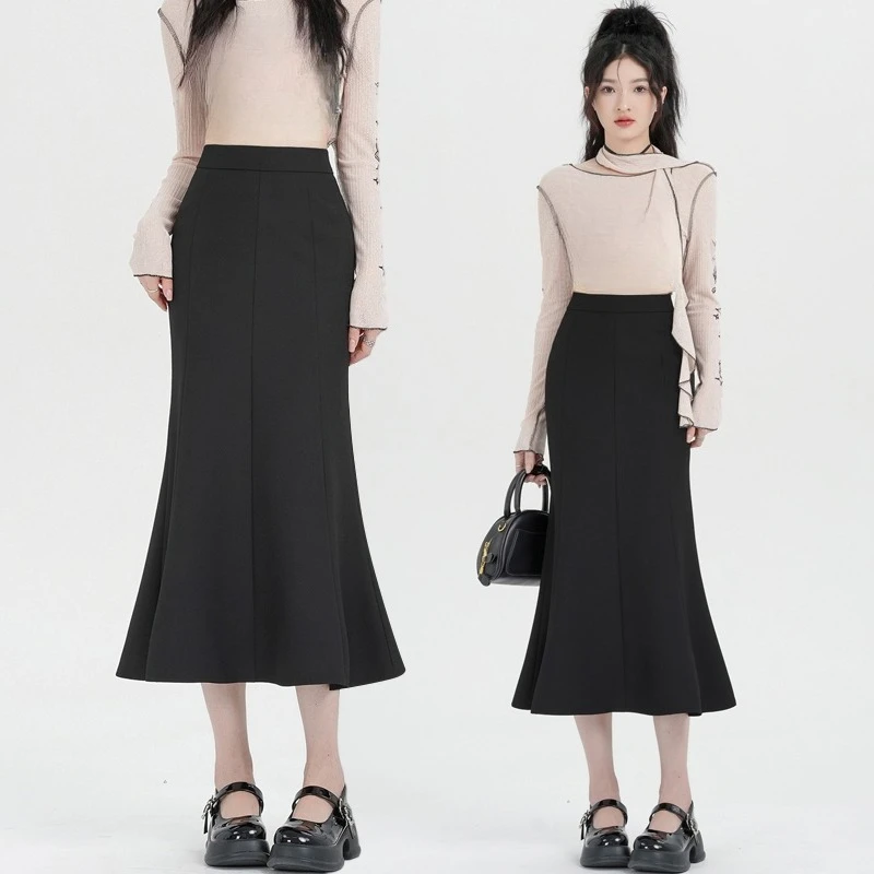 Jesienne spódnice damskie z wysokim stanem w stylu vintage, czarne, kopertowe, typu rybka, nowe, eleganckie, do biura, ołówkowe, w kształcie litery A, syrenie, na rok 2025.