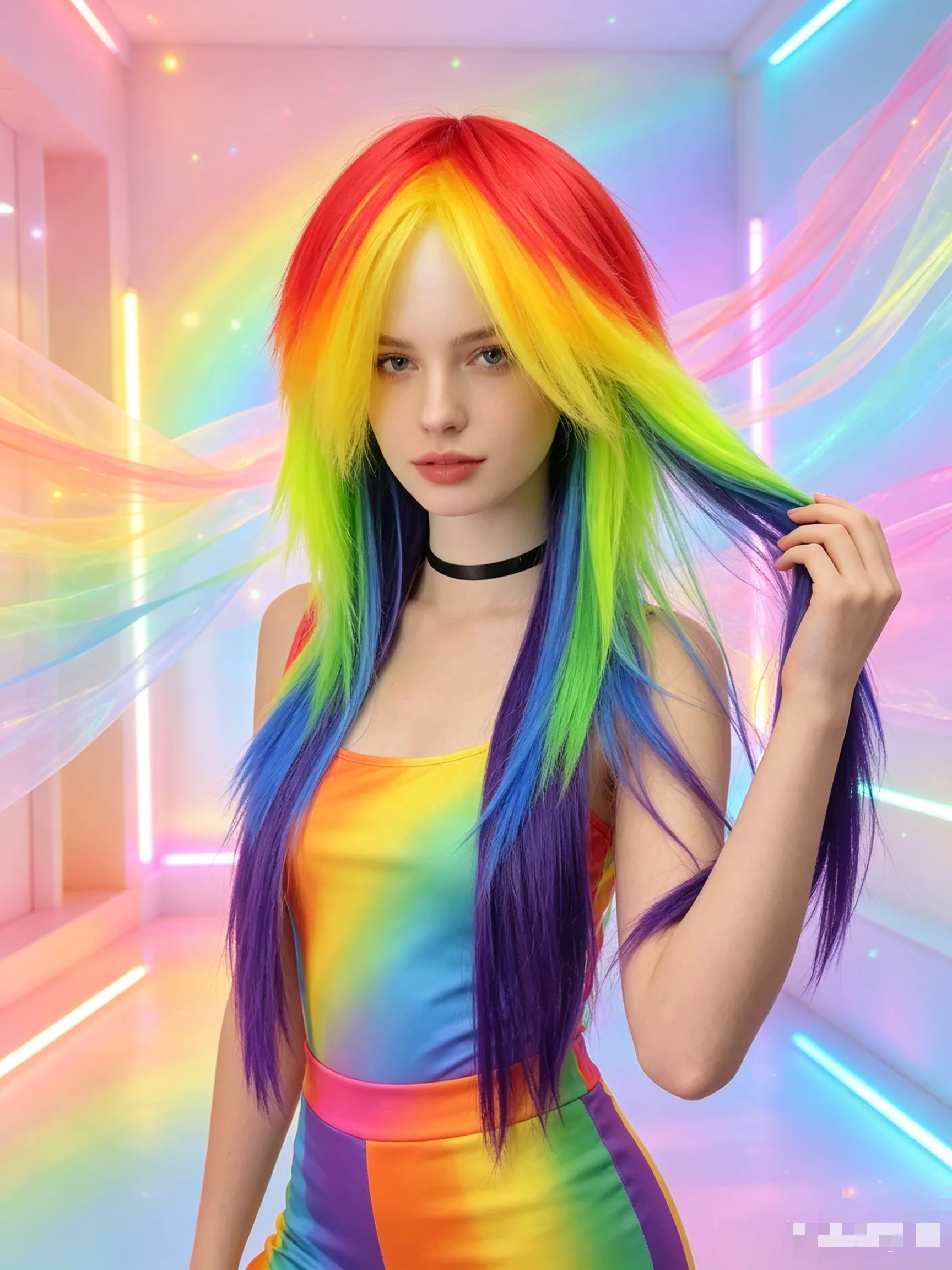 Perruque synthétique longue et droite dégradée arc-en-ciel avec frange, unisexe, pour fête d'Halloween, cosplay, postiche queue de cheval