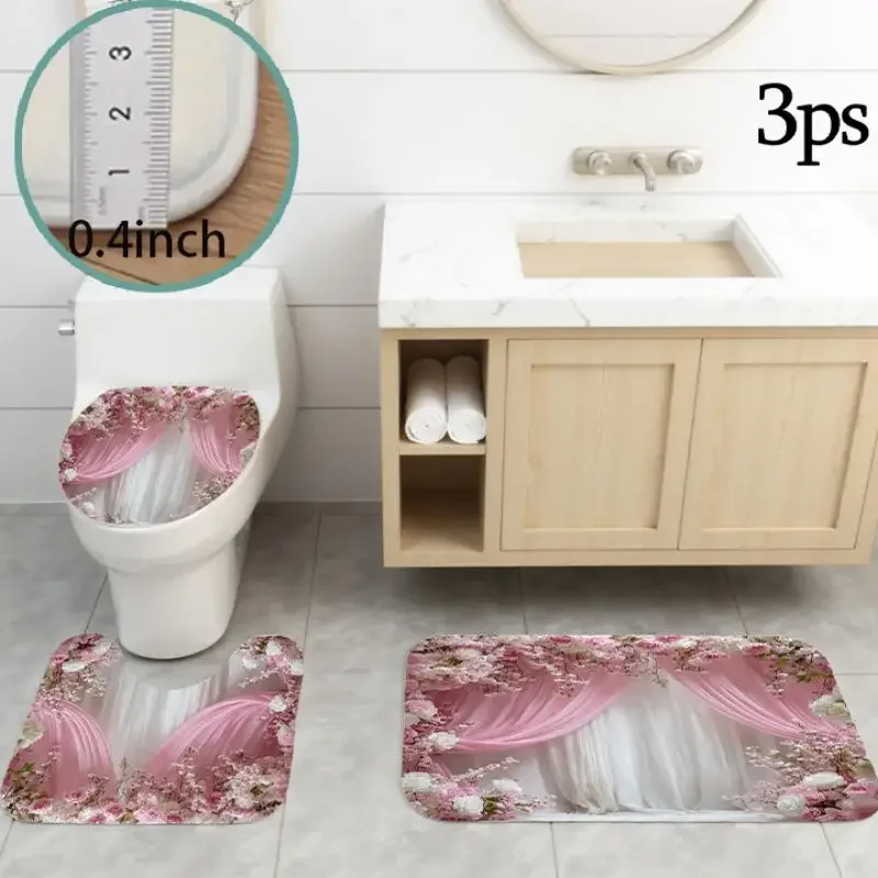 1Pc/4Pcs 3D Printed Shower Curtain, Four-Piece Shower Curtain Set, Bathroom Floor Mat, Toilet Seat Cover, U-Shaped Floor Mat, Va