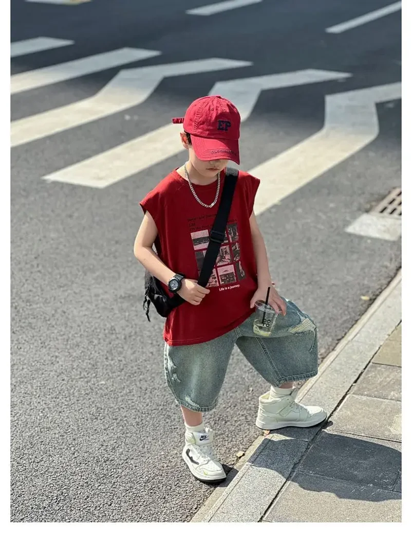 Boys' Summer Sports Set 2026 New Large Children's Sleeveless Printed T-shirt+Shorts Two-piece Set 5 7 9 10 12 15 Years