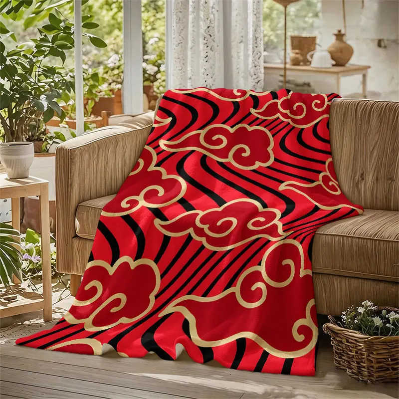 Red Chinese Clouds Flannel Blanket Warm Soft Halloween Christmas Decorative Couch Warm Cozy All-Season Gift
