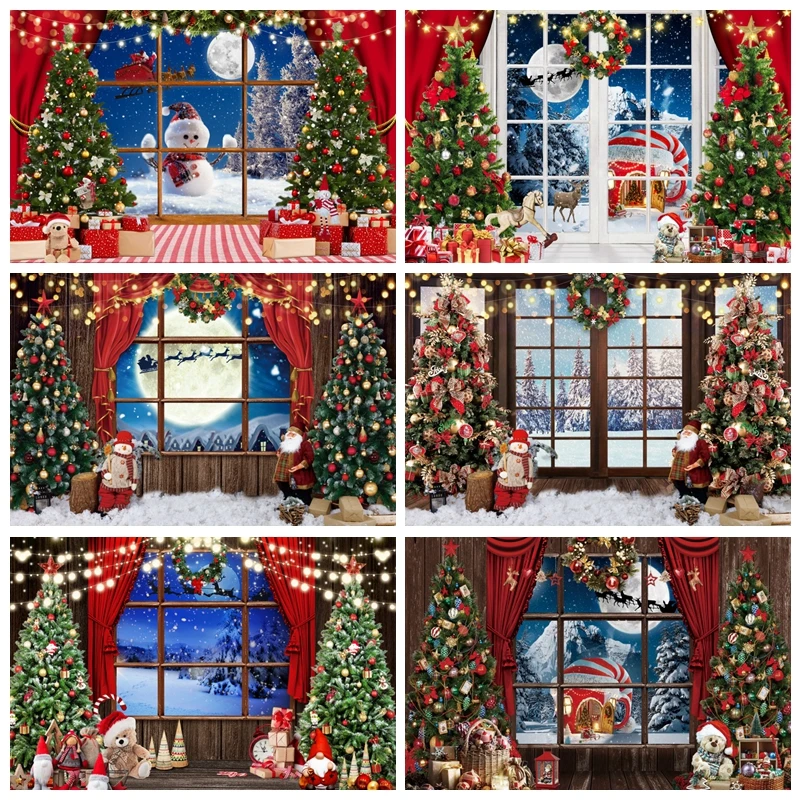 

Merry Christmas Backdrop Photography Xmas Tree Window Santa Claus Gift Family Baby Portrait Background Party Decor Photo Studio