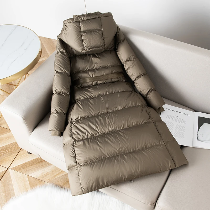 High end Waistband Long Down Jacket For women Winter 2025 New 90White duck down Hooded Coat Female Windproof Snow Parka Overcoat