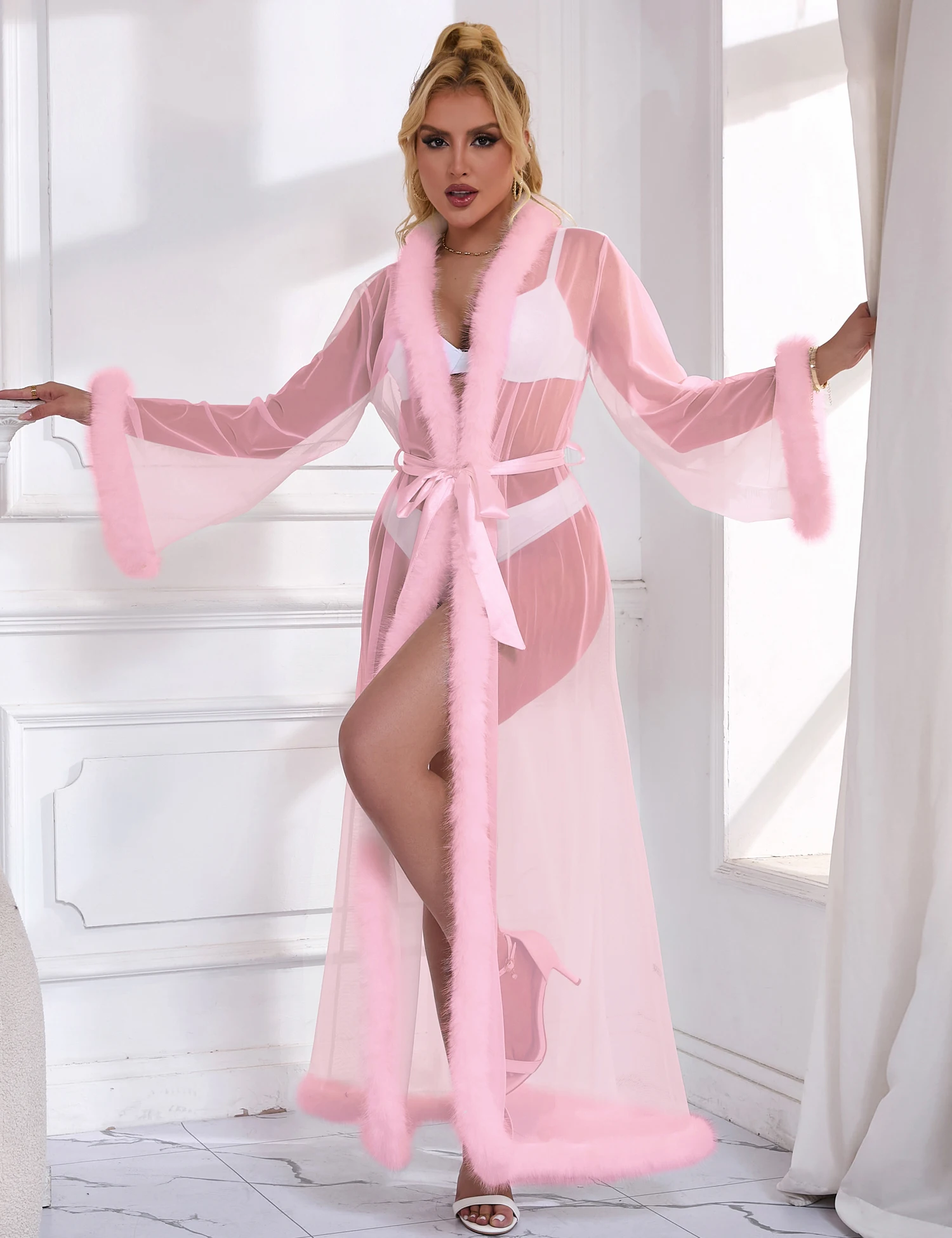 Long Robe Women's Pink Sexy Mesh Imitation Mink Fur Trim Robe With Silk Belt Hot Women Pajama Negligee Erotic Sleepwear Lingerie