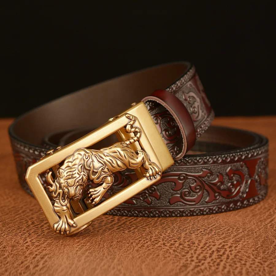 Men High Quality Tiger Design Alloy Buckle Split Leather Belt,Fashion Emboss Cow Leather Belt,Jeans&Casual Pants Decoration Must