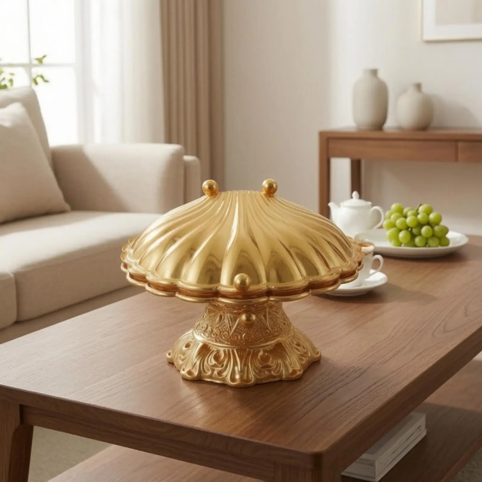 Bonbonnière décorative en forme de coquillage avec couvercle à charnière, bol de service sur piédestal doré poli pour la décoration de table de fête