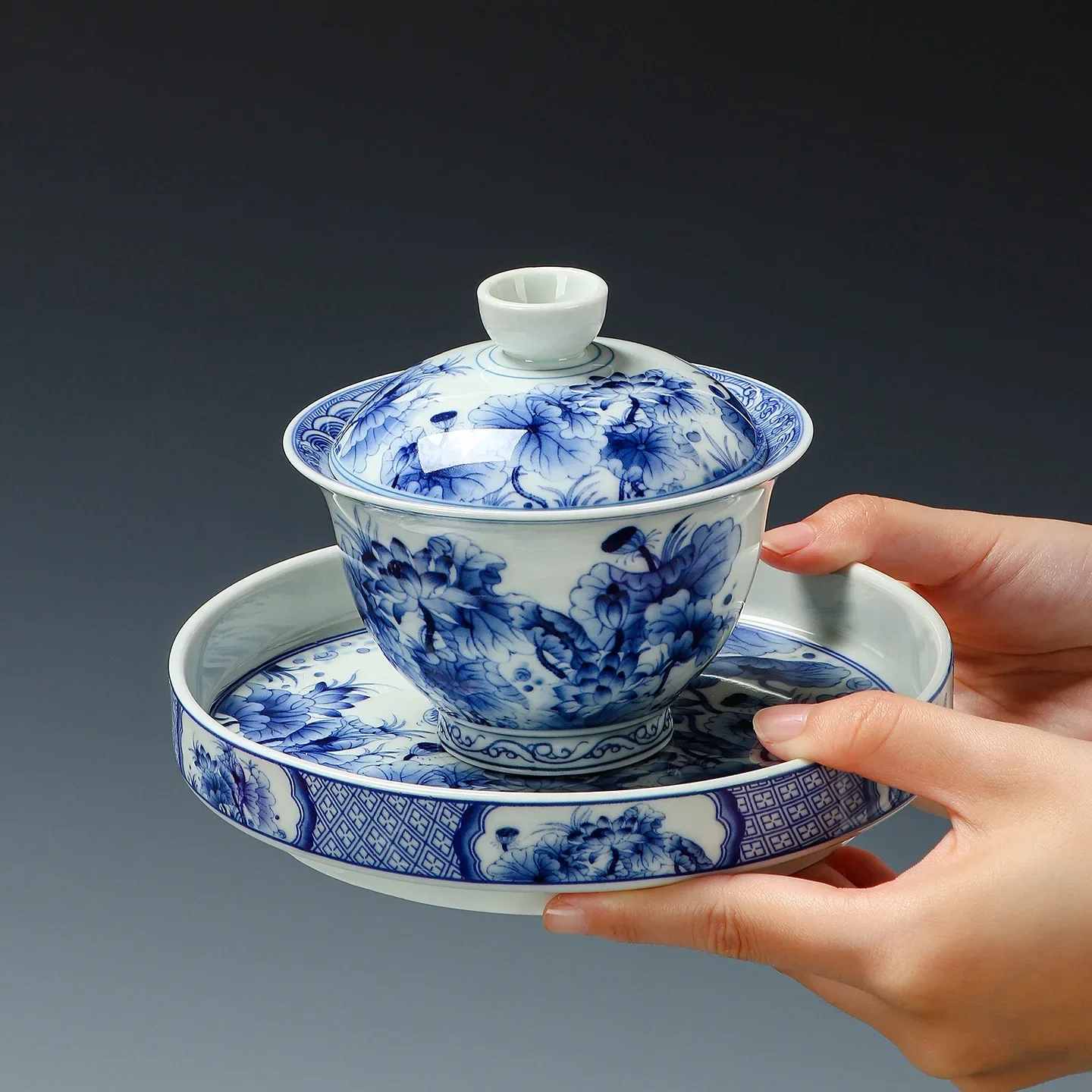 Jingdezhen Blue and White Porcelain Hand-painted Glaze Lotus Three Talent Cover Bowl Household Office Tea Maker Pot Bearing Gift