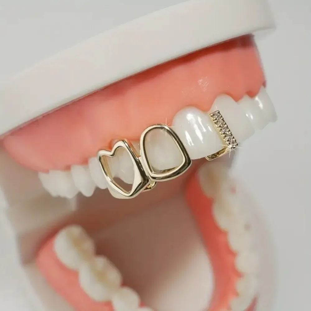 New Gold Color Hip Hop Tooth Grillz Hollow Heart Shiny Zircon Dental Grillz Copper Double Heart Teeth Caps Punk Style