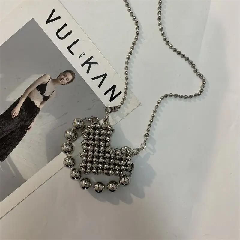 Silver Pearls Casual Heart Fashion All-match Small Crossbody Bags for Women Purse and Handbags Elegant Korean Version