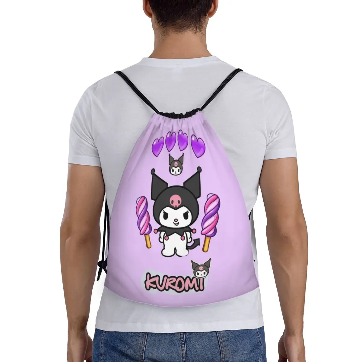 Custom Kuromi การ์ตูนอะนิเมะกระเป๋าเป้สะพายหลังผู้หญิงผู้ชายกีฬายิม Sackpack พับการฝึกอบรมกระเป๋ากระสอบ