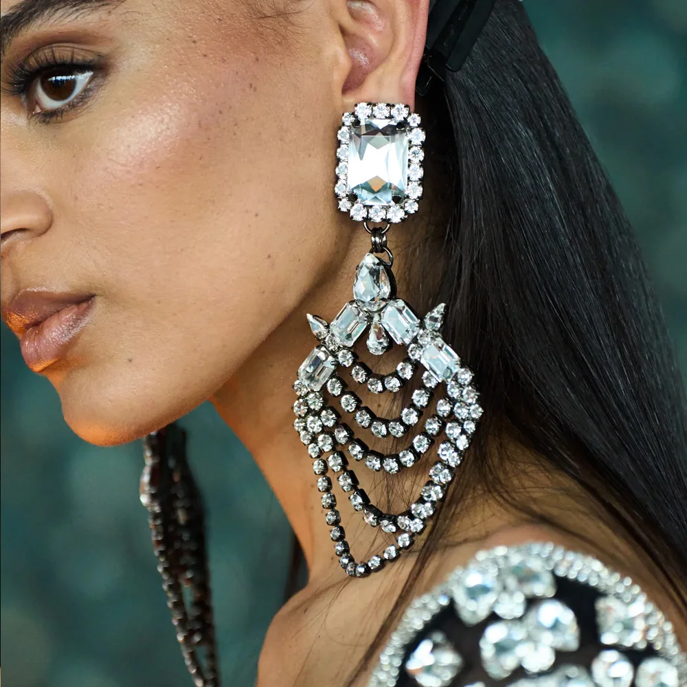 Stonefans Exaggerated Extra Large Earrings Dangle Jewelry for Women Multi-layer Rhinestone Chain Chandelier Earrings Wedding